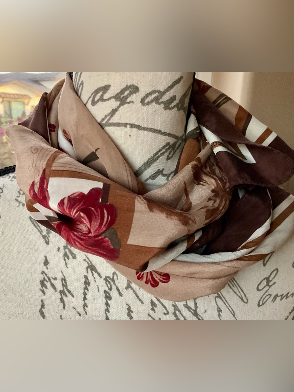 Liz Claiborne Floral Silk Scarf in Red, Brown, and Cream 51 x 11